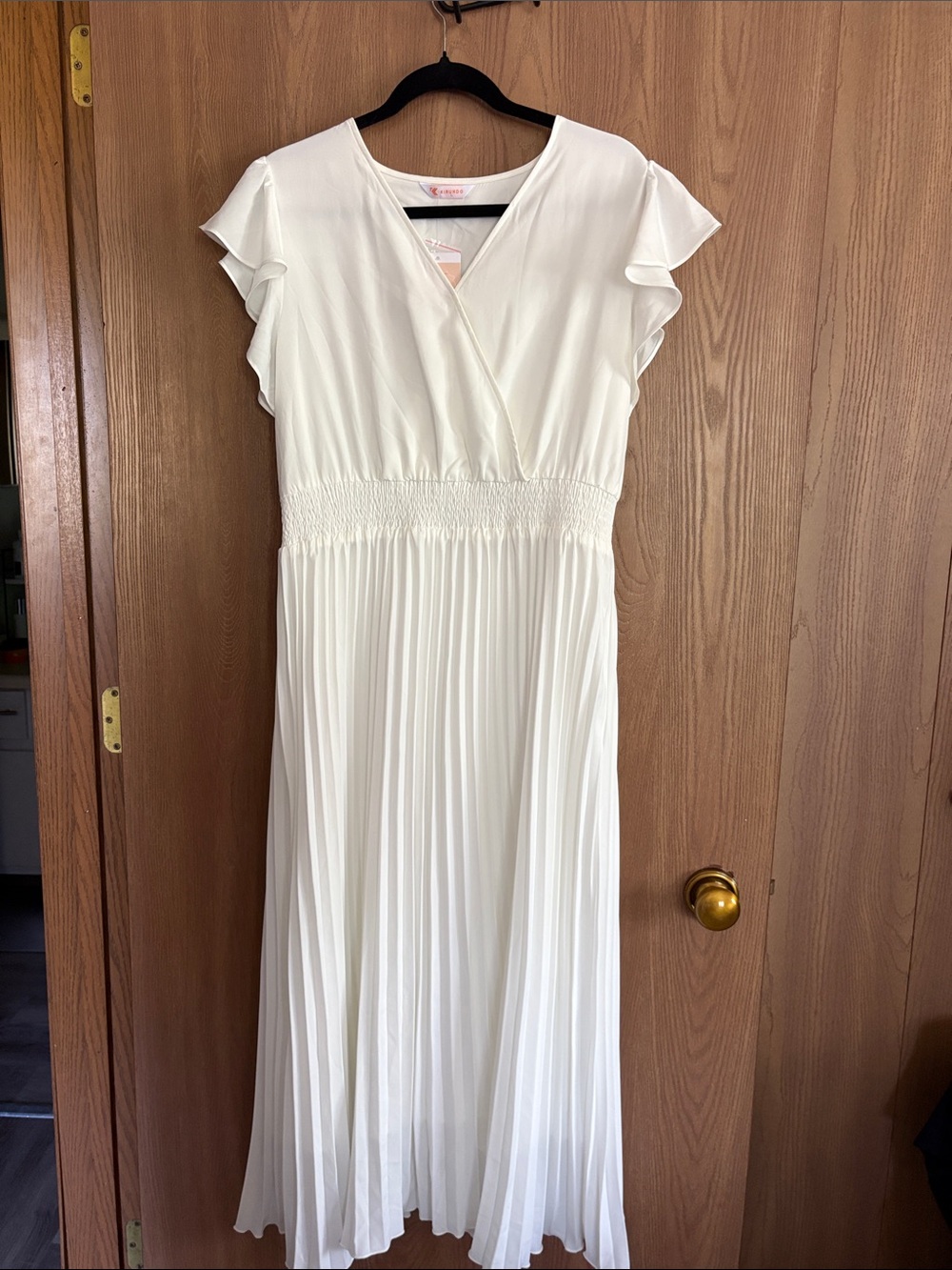 Women’s Cream Pleated Maxi Dress with Ruffle Sleeves